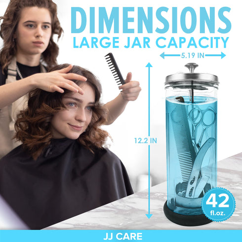 JJ CARE Disinfectant Jar (42oz) - Barber Jar Glass, Sanitizer Disinfectant Glass Jar, Barber Disinfectant Jar, Implement Disinfectant Container w/Stainless Steel Removable Strainer & Cap - Silver Lid